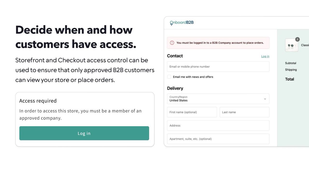 Screenshot showing B2B storefront and checkout access control with a login prompt and restricted view.