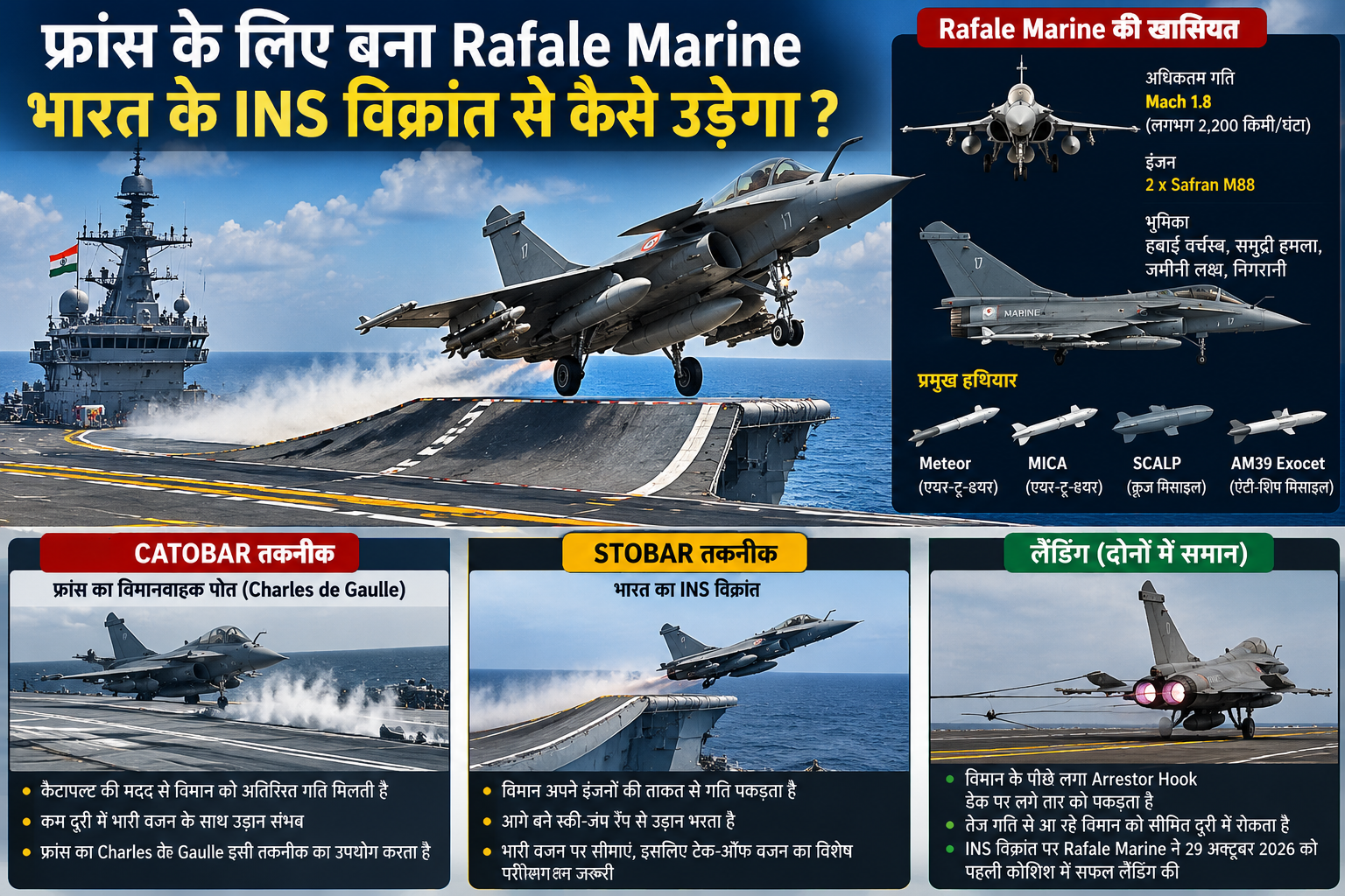 Rafale Marine fighter jet taking off from INS Vikrant aircraft carrier using STOBAR ski-jump technology, with CATOBAR vs STOBAR comparison and Indian Navy fighter jet specifications.