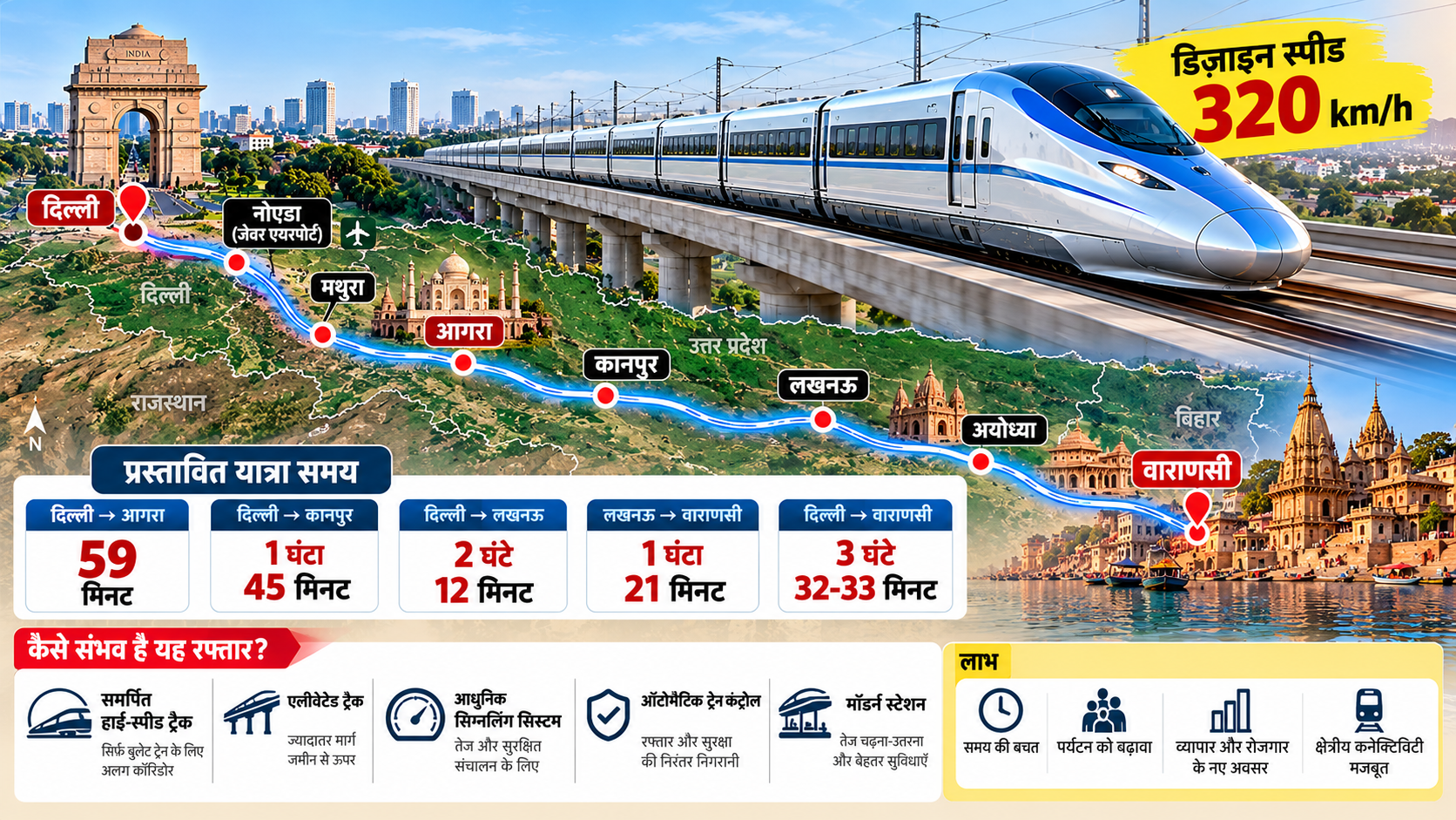 Delhi–Varanasi proposed bullet train corridor infographic showing a high-speed train, Delhi to Agra 59-minute journey, route map via Noida, Mathura, Kanpur and Lucknow, and high-speed railway technology.