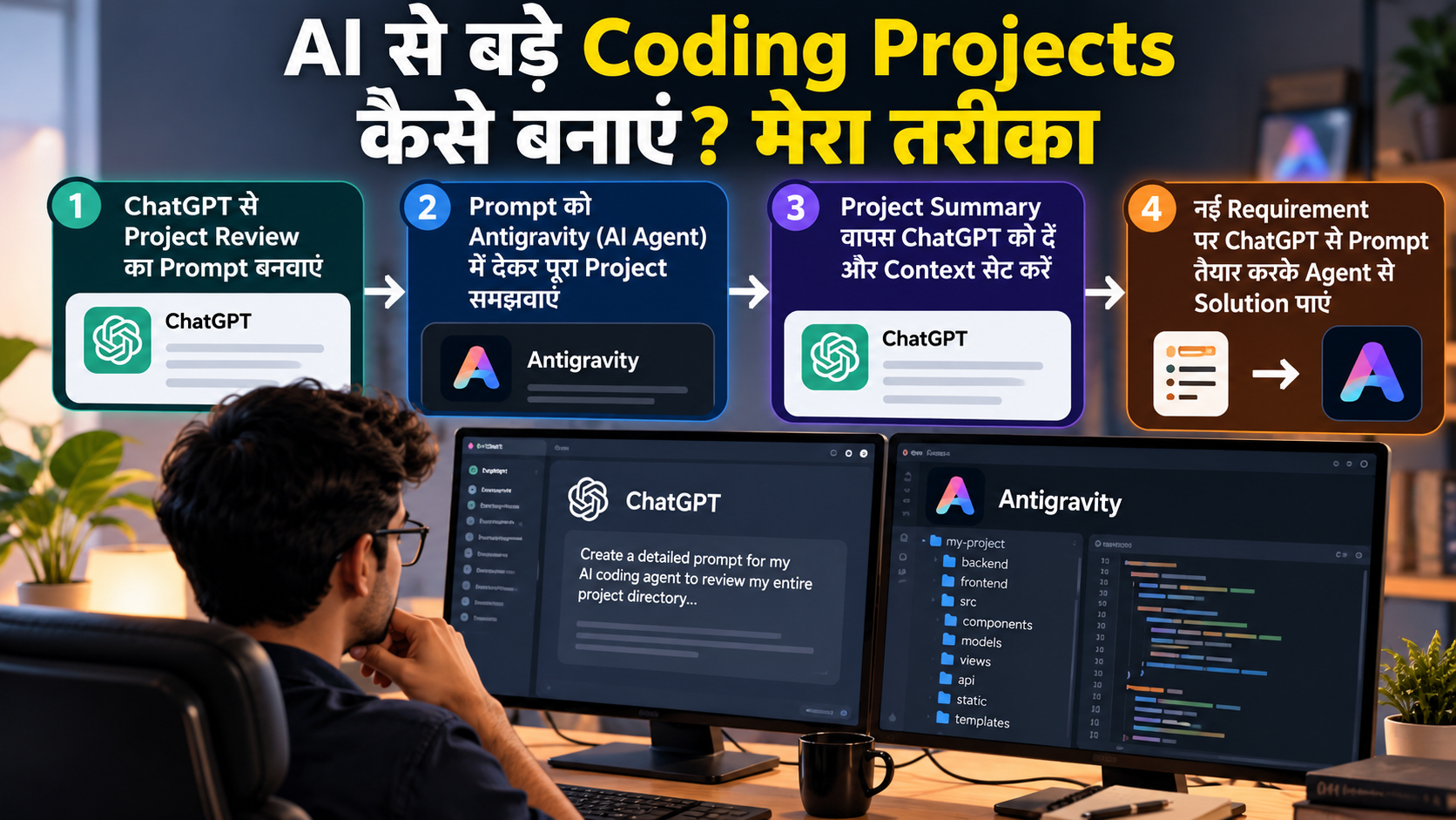 Developer using ChatGPT and Google Antigravity AI Coding Agent to review project structure, generate prompts, understand codebase architecture, and develop large software projects through an AI-assisted coding workflow.