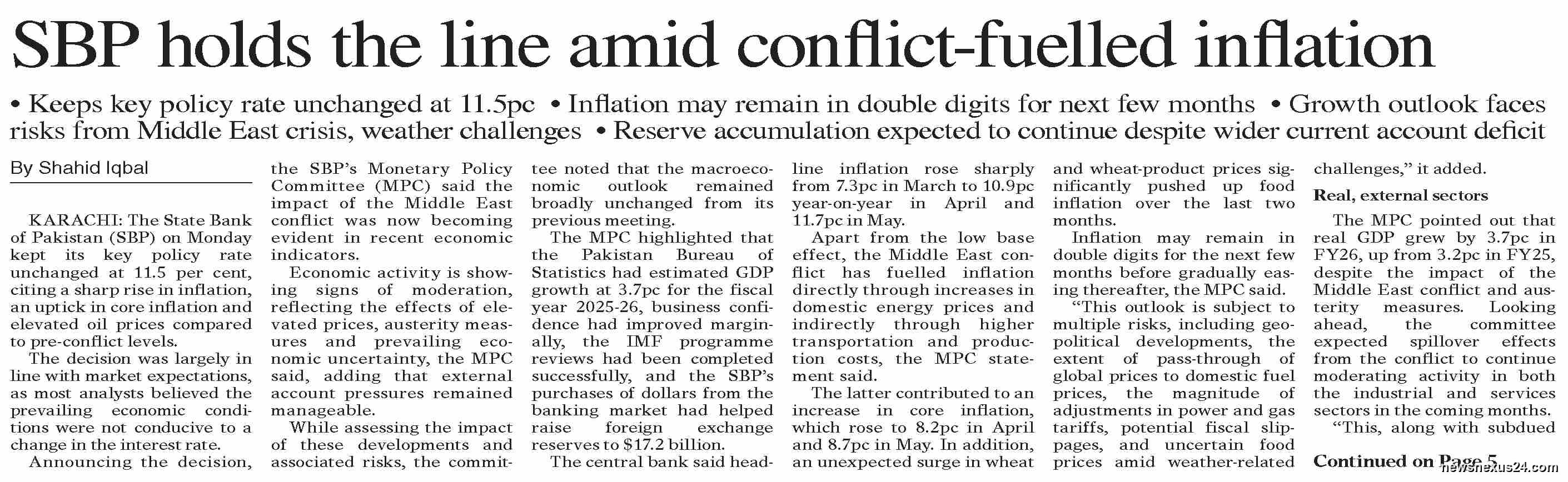 SBP Holds Policy Rate at 11.5pc as Inflation Risks Rise