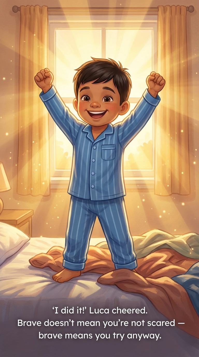 Luca cheering on his bed