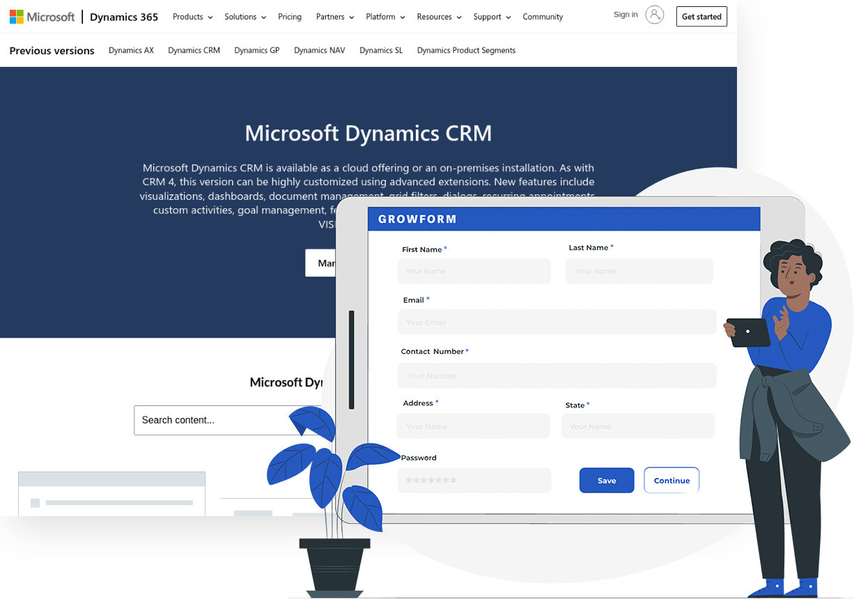 Screenshot of Microsoft Dynamics 365 CRM and Growform form builder