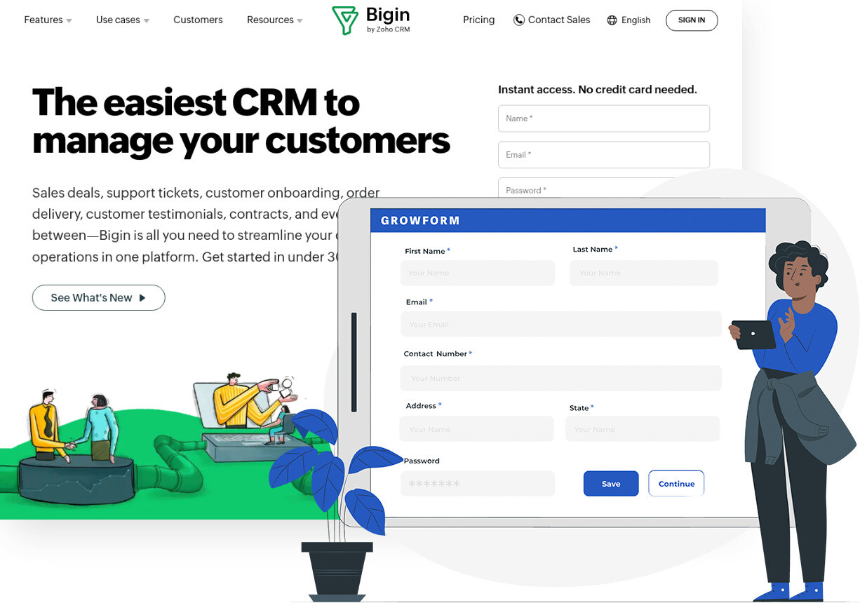 Screenshot of Bigin by Zoho CRM and Growform form builder