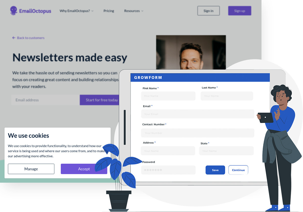 Screenshot di EmailOctopus e del costruttore di moduli Growform