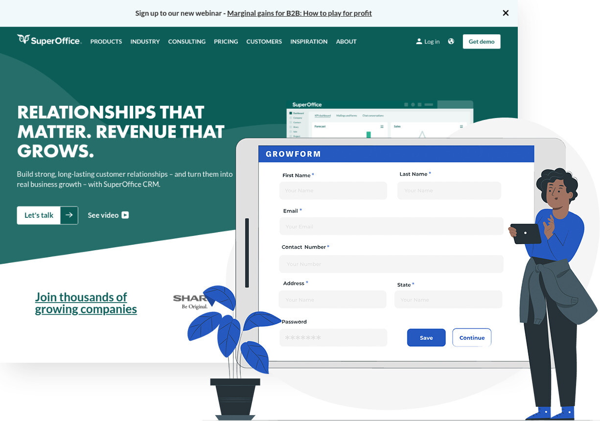 Screenshot of SuperOffice CRM and Growform form builder
