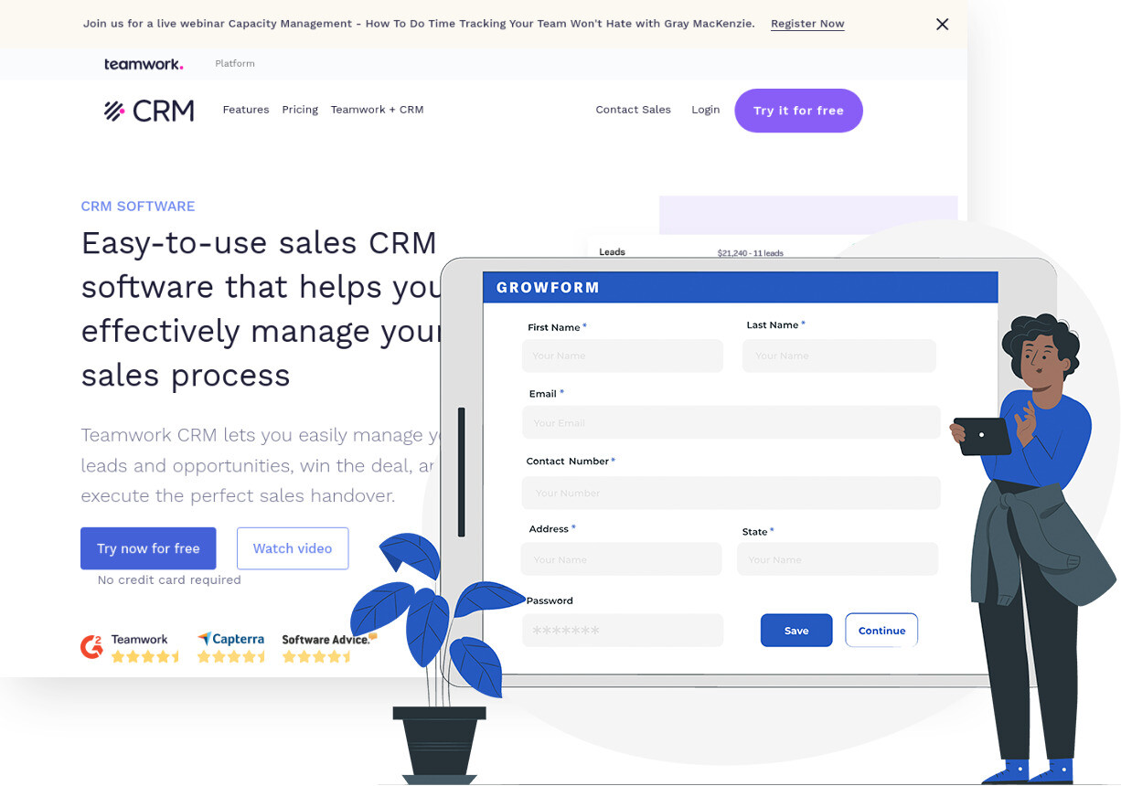 Screenshot of Teamwork CRM and Growform form builder