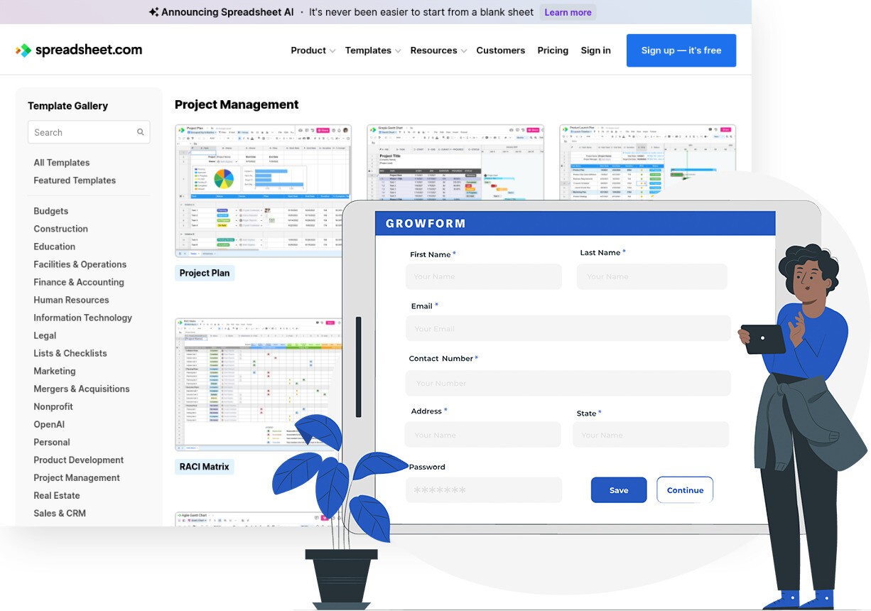 Screenshot of Spreadsheet.com and Growform form builder