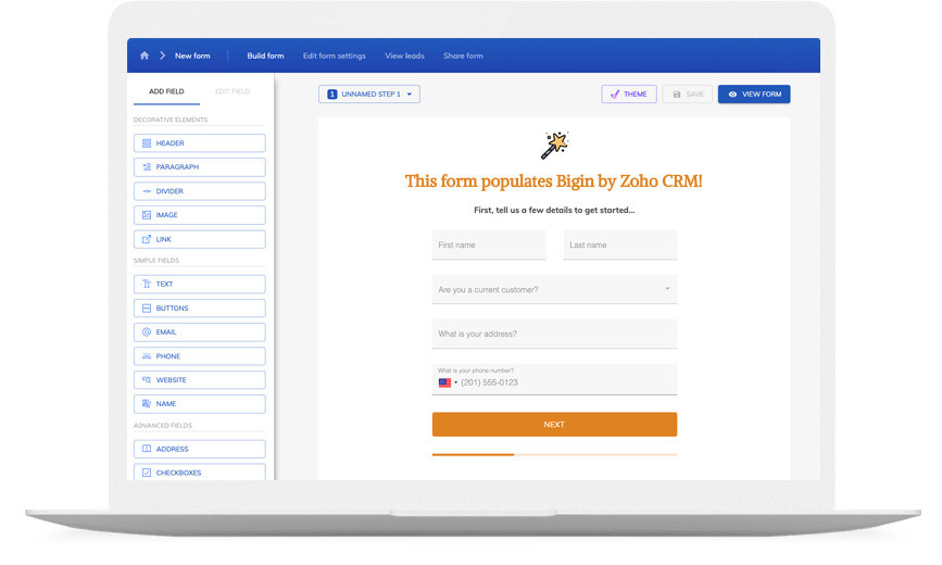 Bigin by Zoho CRM form builder