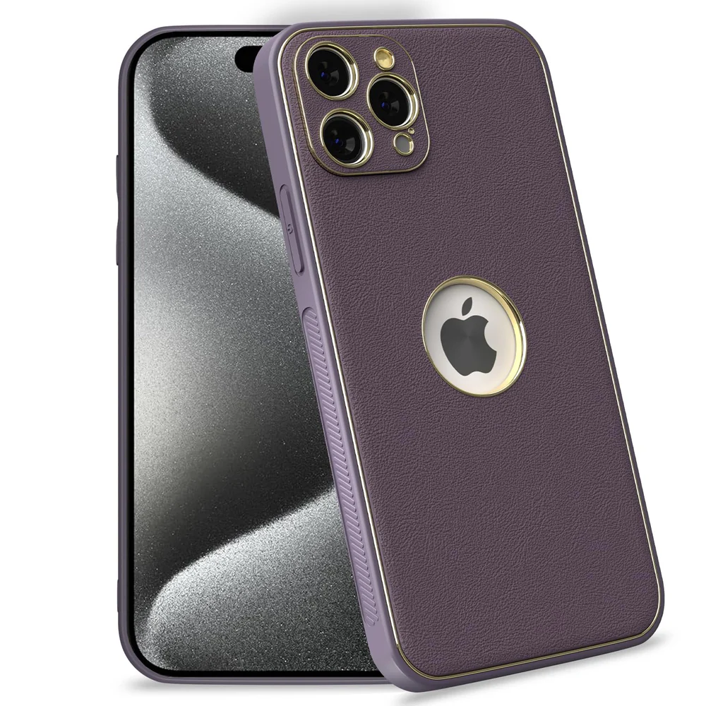 iphone 15 pro - iPhone 15 Pro Gold Electroplated Leather Chrome Back Cover (Purple)