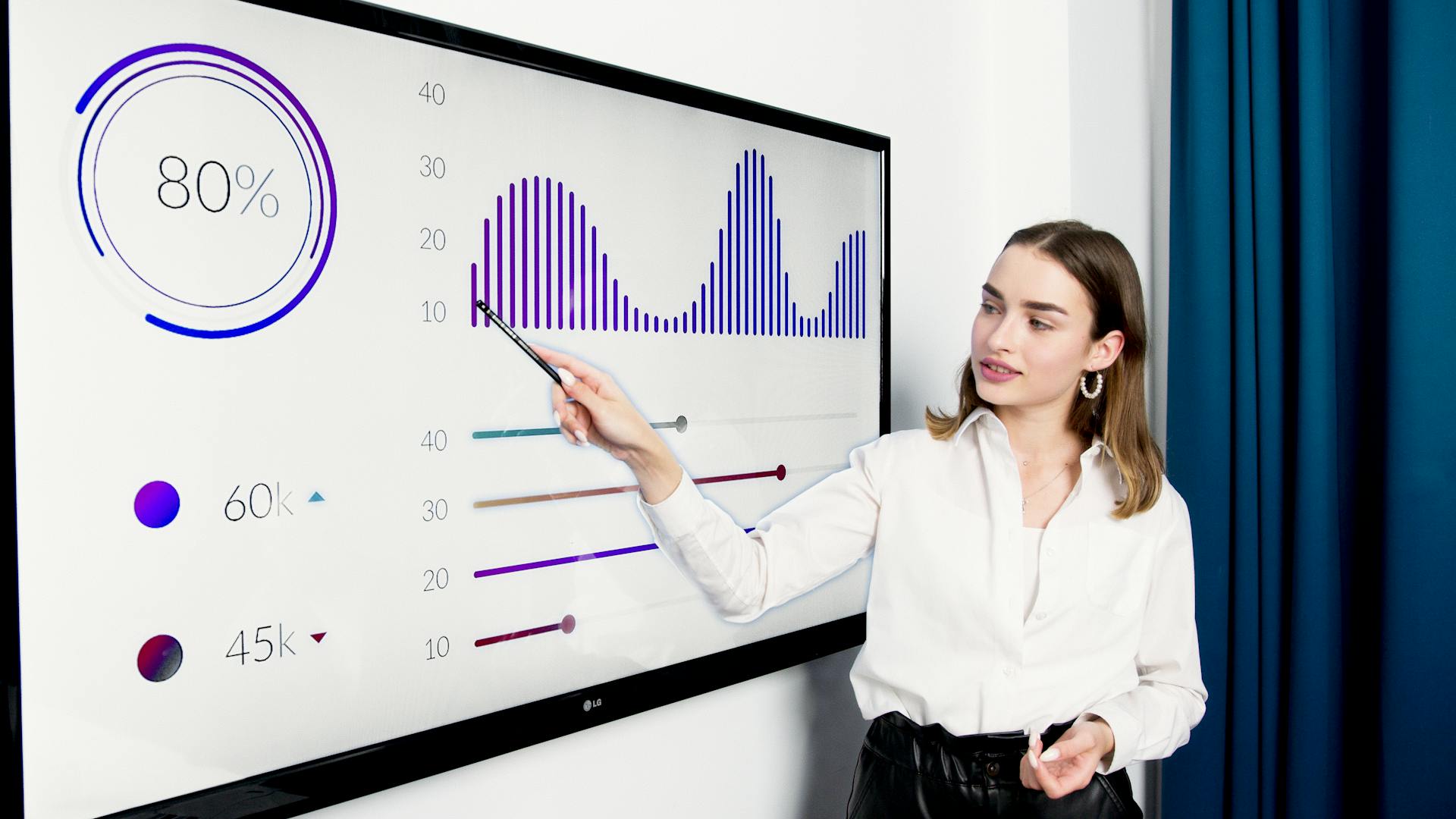 optimization & growth image: a person analyzing data on a projector screen, with charts and graphs visible on the screen.