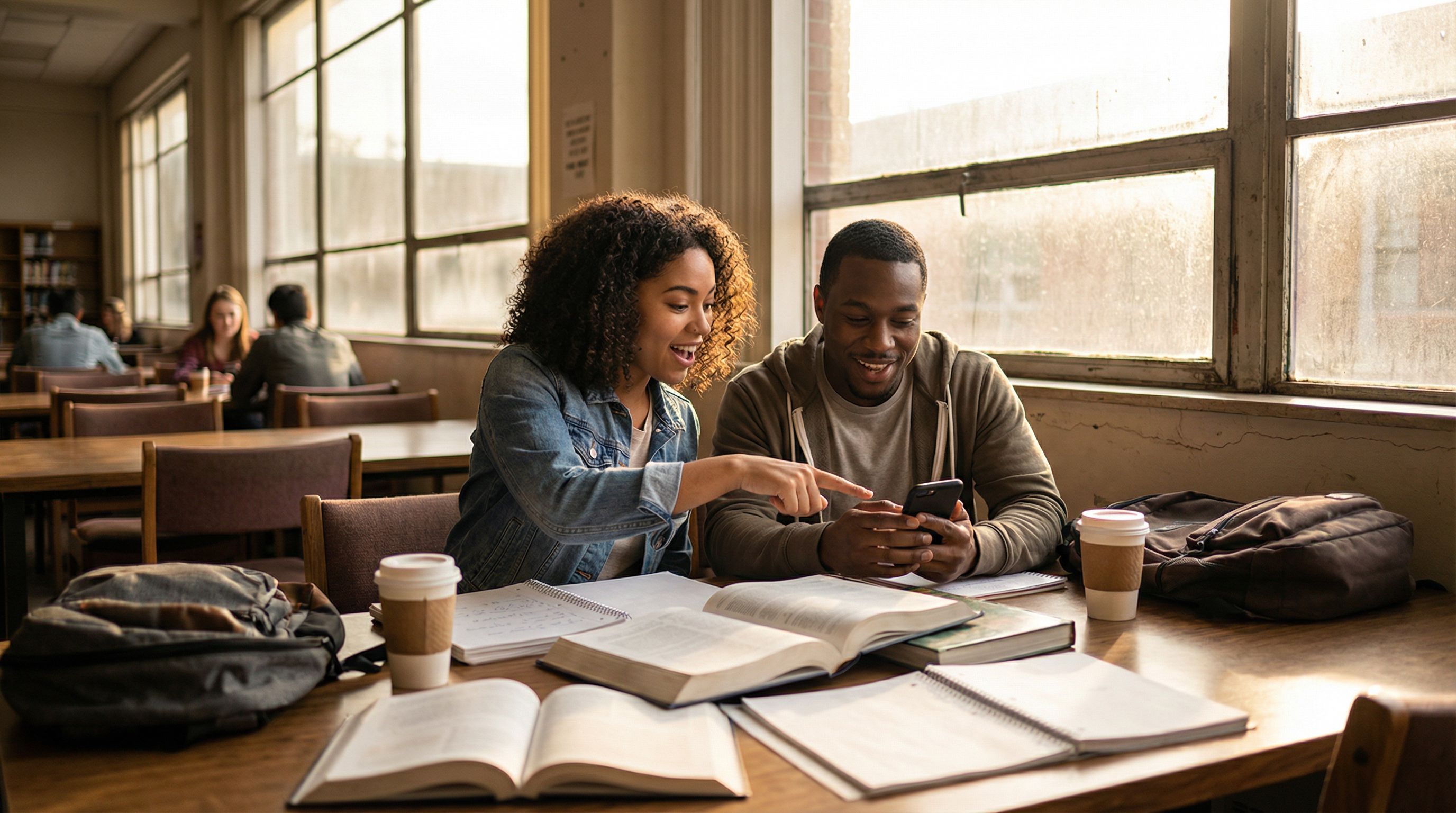 Two students studying together at a library table, one pointing at the other's phone in a moment of shared understanding
