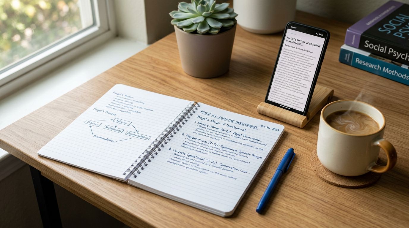 Overhead view of a student's study setup with handwritten notes and a phone showing course readings