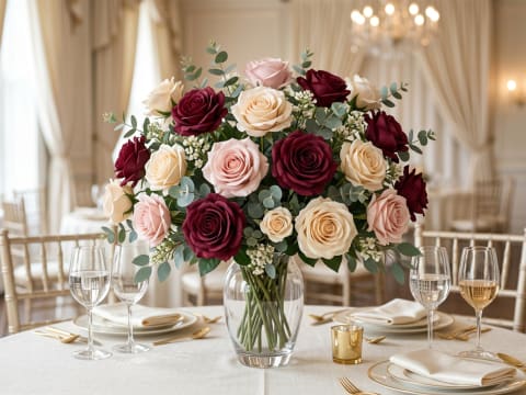 Burgundy, blush and ivory artificial rose centrepiece in a glass vase on a reception table