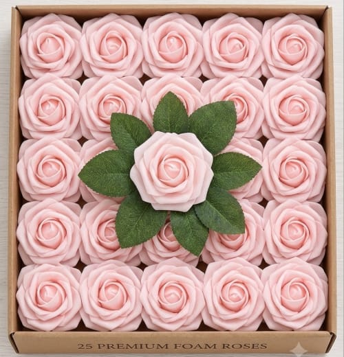 Boxed set of 25 pink artificial real-touch roses with printed label