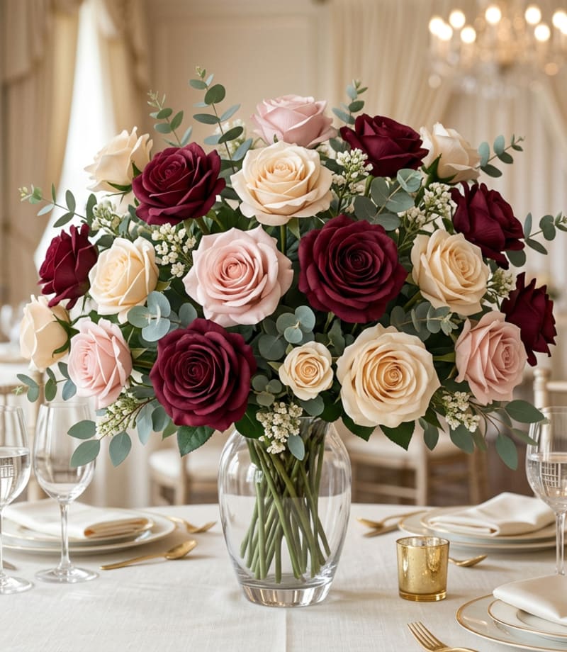 Burgundy, blush and ivory artificial rose centrepiece in a glass vase on a dressed reception table