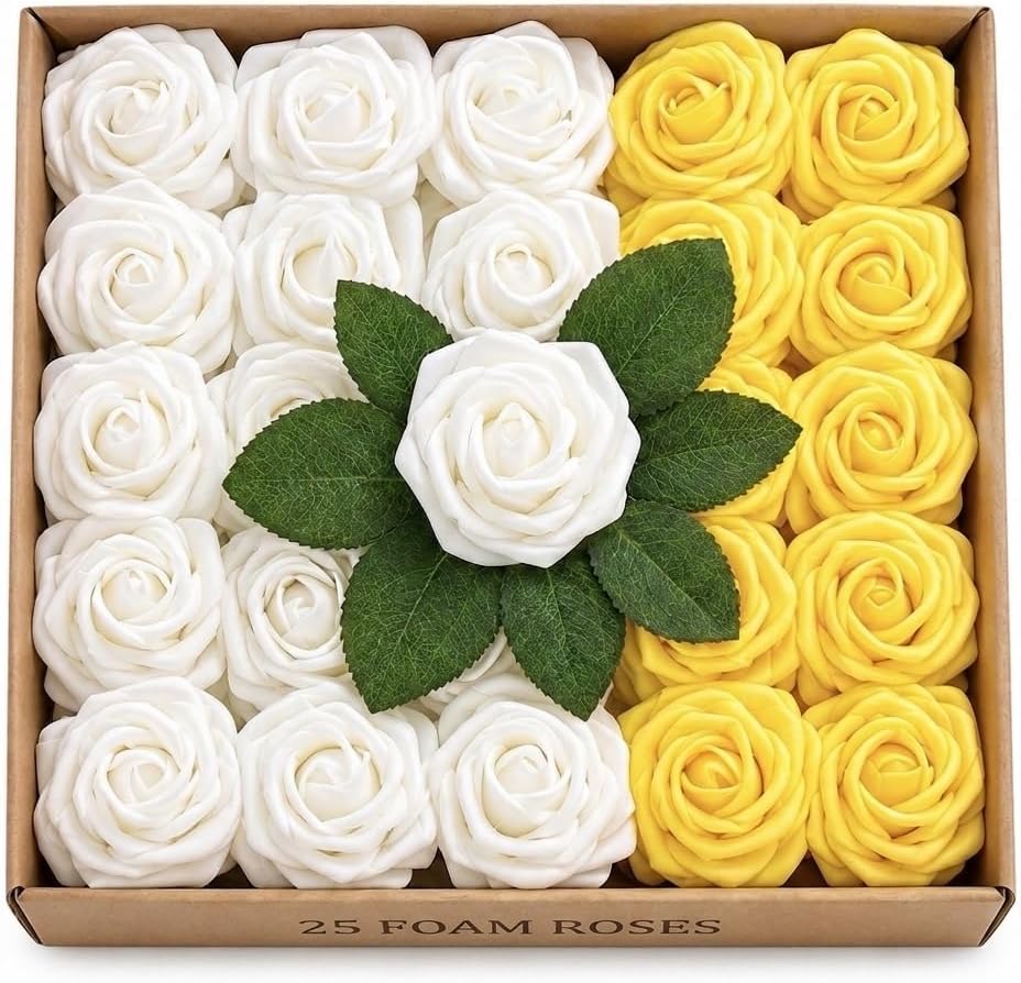 25-piece box of white and yellow artificial roses as it arrives