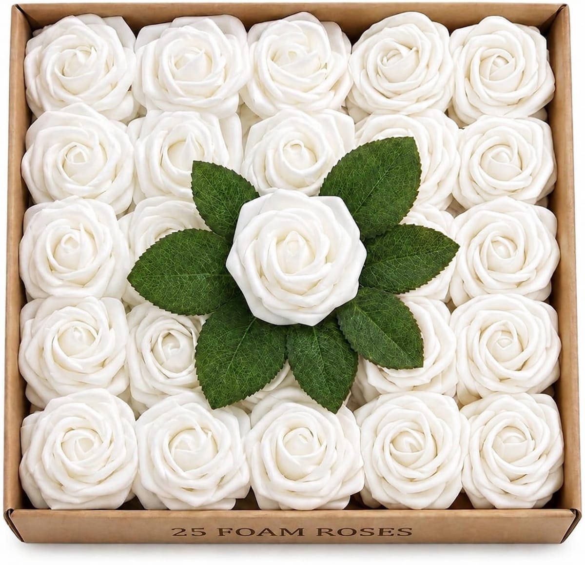 Boxed 25 white artificial roses showing the true colour
