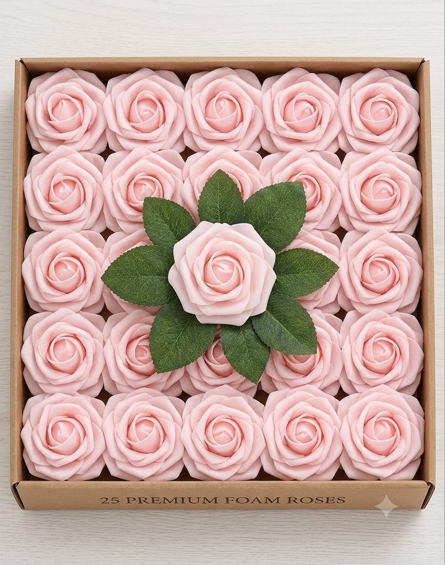 Baby pink stemmed artificial roses boxed as a 25-piece set