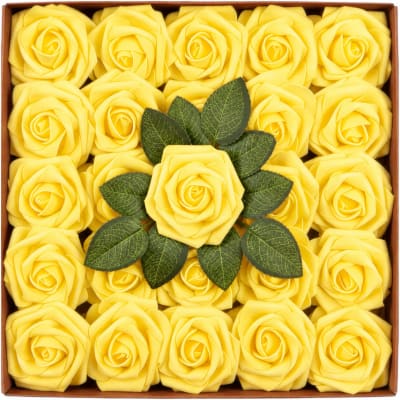 Artificial Flowers Roses, 25pcs Real Touch Fake Foam Rose with Stems for DIY Wedding Bridal Bouquets, Cake Flowers, Flowers Arrangment Home Decor, Lemon Yellow – luxury artificial faux roses