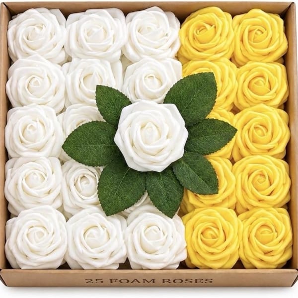 25 White & Yellow Stemless Artificial Roses
