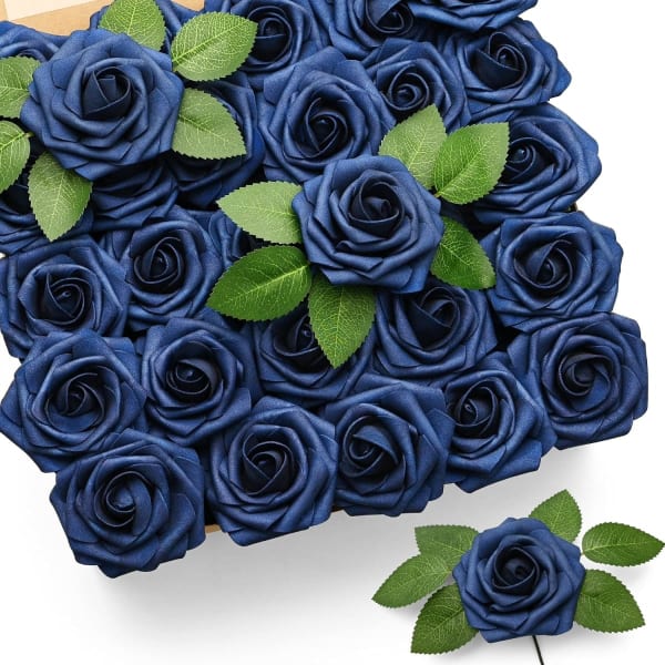 25 Navy Blue Artificial Roses with Stems