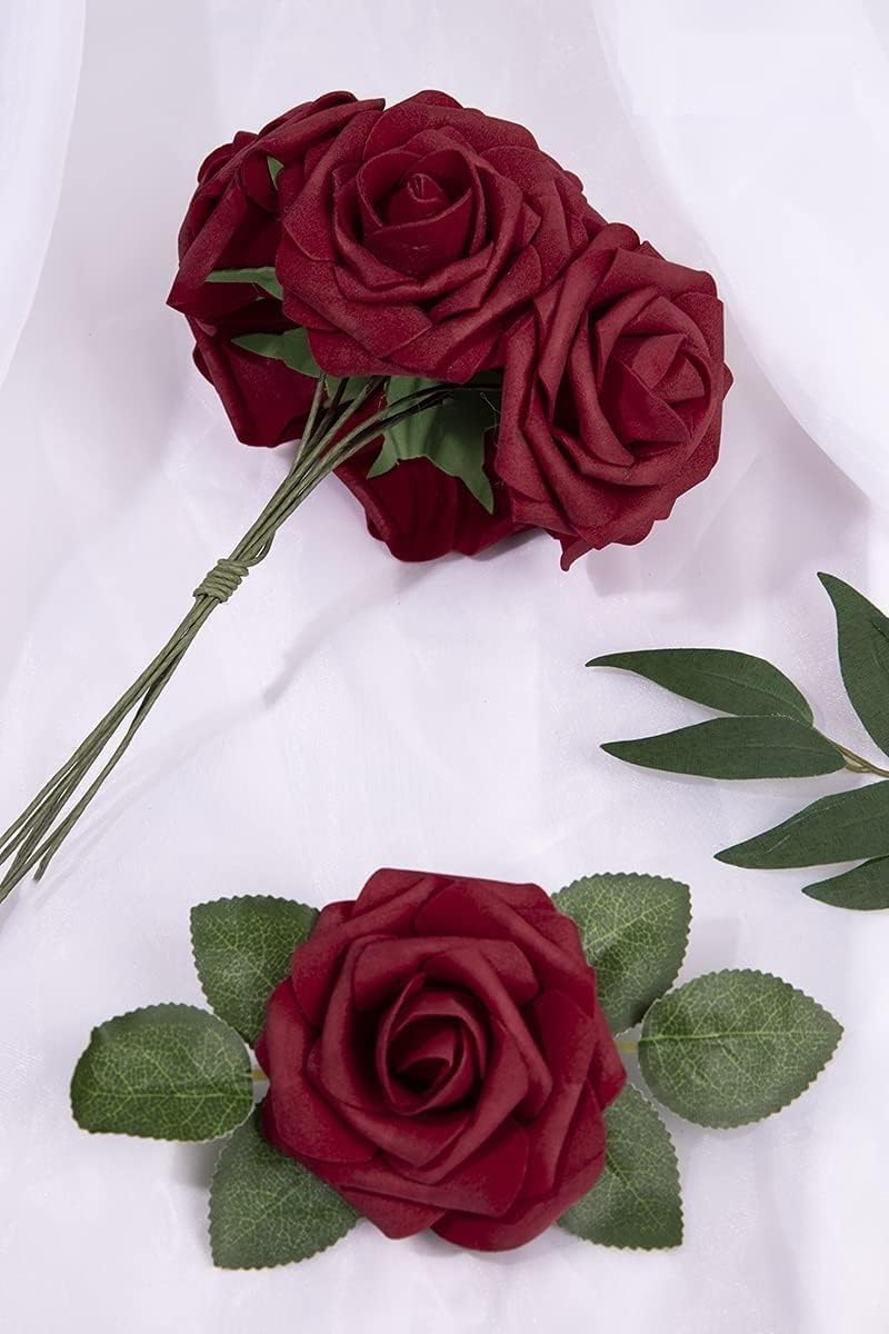 25PCs Real Touch Dark Red Roses - Foam Fake Rose - DIY Flowers for Wedding Bouquets - Artificial Red Roses for Mothers Day, Valentines, Baby Shower and Home Decor - Luxury Artificial Rose Arrangement