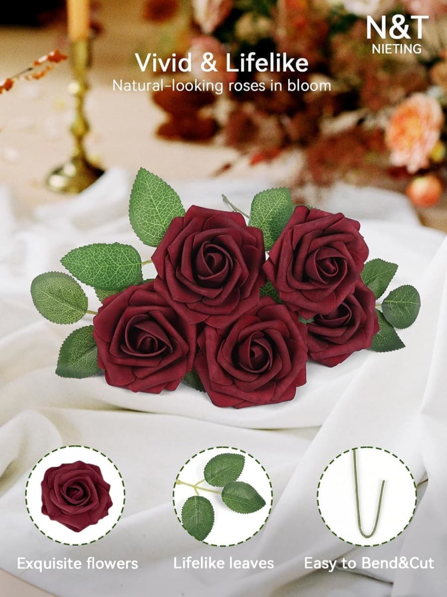 25PCs Real Touch Dark Red Roses - Foam Fake Rose - DIY Flowers for Wedding Bouquets - Artificial Red Roses for Mothers Day, Valentines, Baby Shower and Home Decor - Luxury Artificial Rose Arrangement 