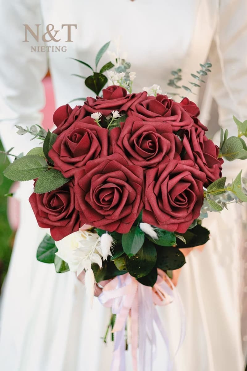 25PCs Real Touch Dark Red Roses - Foam Fake Rose - DIY Flowers for Wedding Bouquets - Artificial Red Roses for Mothers Day, Valentines, Baby Shower and Home Decor - Luxury Artificial Rose Arrangement 