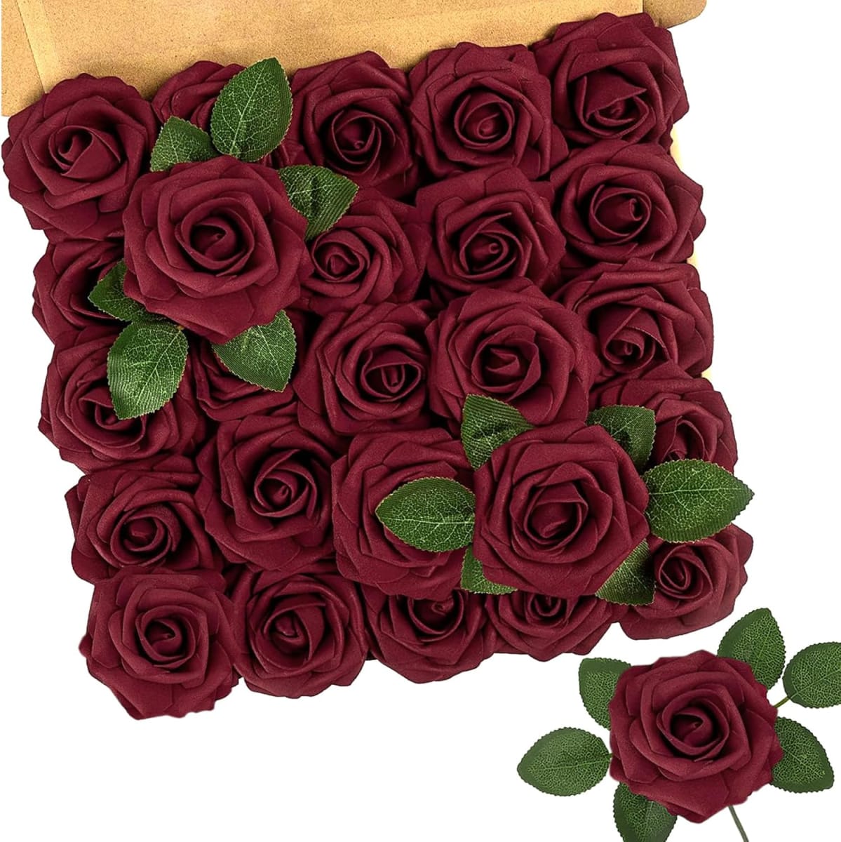 25PCs Real Touch Dark Red Roses - Foam Fake Rose - DIY Flowers for Wedding Bouquets - Artificial Red Roses for Mothers Day, Valentines, Baby Shower and Home Decor