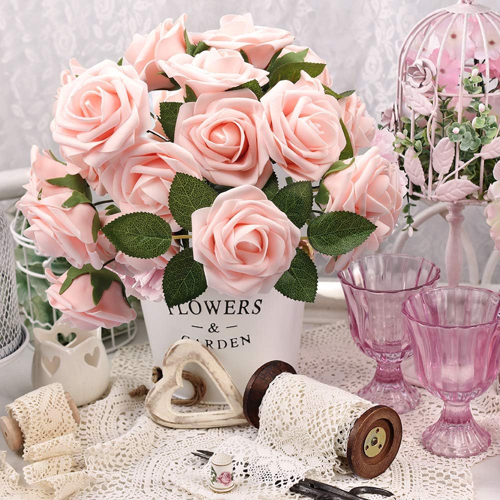 Artificial Roses Flowers, Blush Pink Roses Artificial Flowers Foam Fak - Luxury Artificial Rose Arrangement (Image 5)