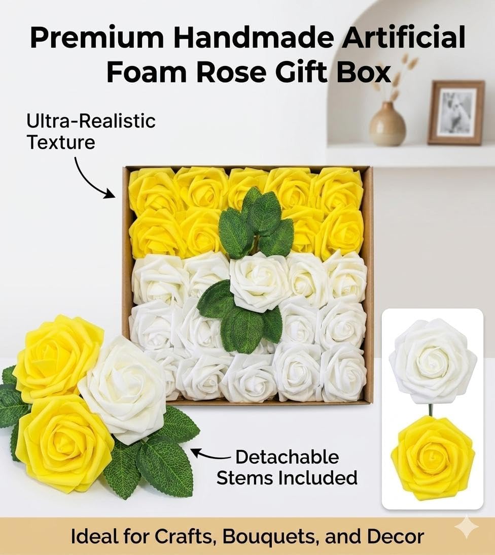 25 White & Yellow Artificial Roses Stemless - Fake Foam Rose Heads with Leaves - Real Touch Bulk Flowers for Wedding Bouquets Centrepieces Bridal Shower DIY Decoration - Copy - Luxury Artificial Rose 