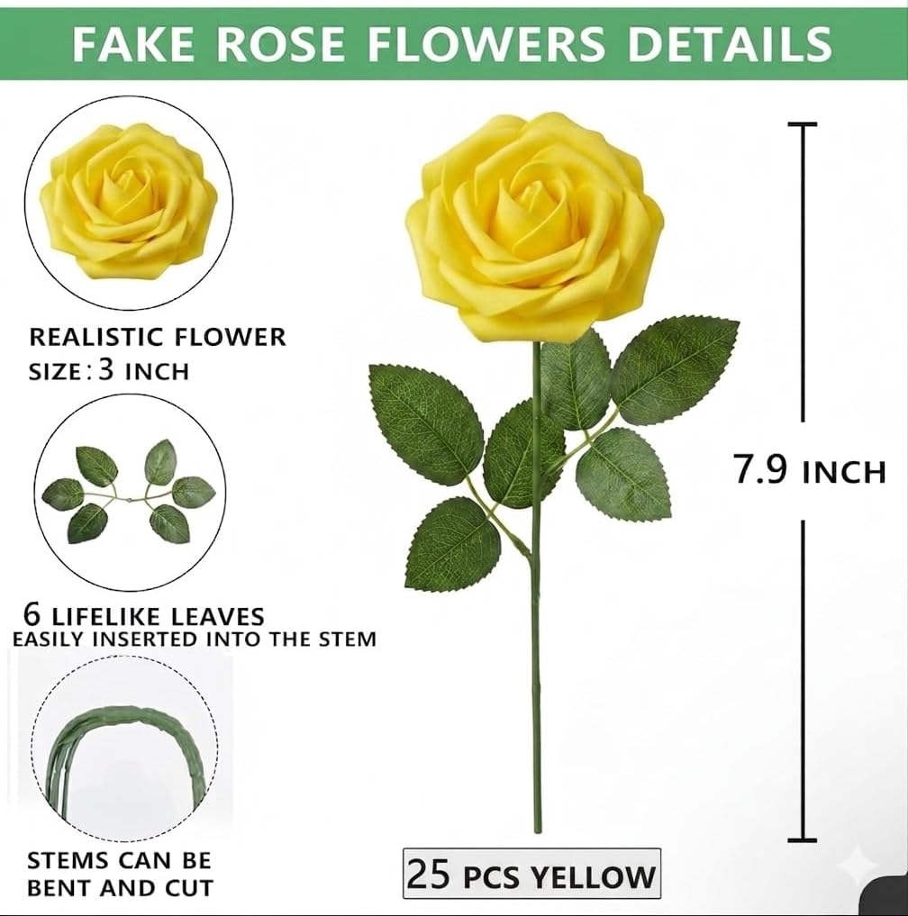 25 White & Yellow Artificial Roses Stemless - Fake Foam Rose Heads with Leaves - Real Touch Bulk Flowers for Wedding Bouquets Centrepieces Bridal Shower DIY Decoration - Copy - Luxury Artificial Rose 