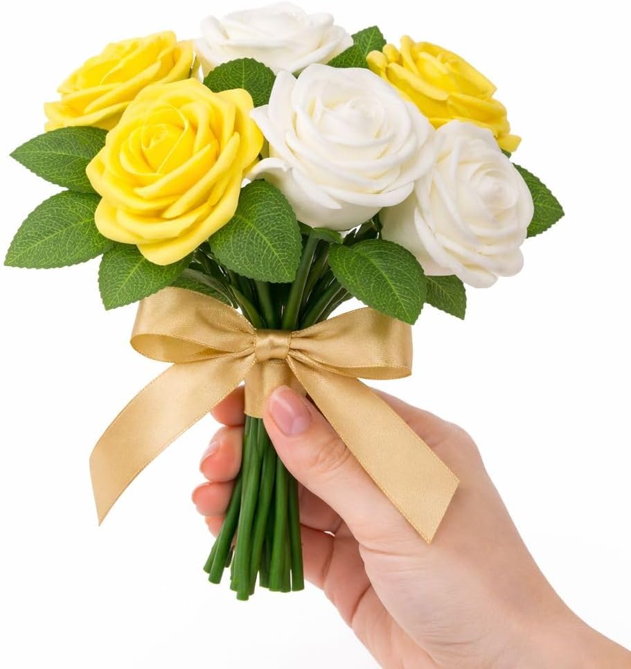 25 White & Yellow Artificial Roses Stemless - Fake Foam Rose Heads with Leaves - Real Touch Bulk Flowers for Wedding Bouquets Centrepieces Bridal Shower DIY Decoration - Copy - Luxury Artificial Rose 
