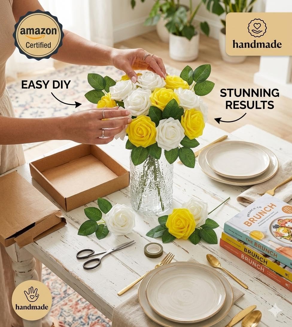 25 White & Yellow Artificial Roses Stemless - Fake Foam Rose Heads with Leaves - Real Touch Bulk Flowers for Wedding Bouquets Centrepieces Bridal Shower DIY Decoration - Copy - Luxury Artificial Rose 