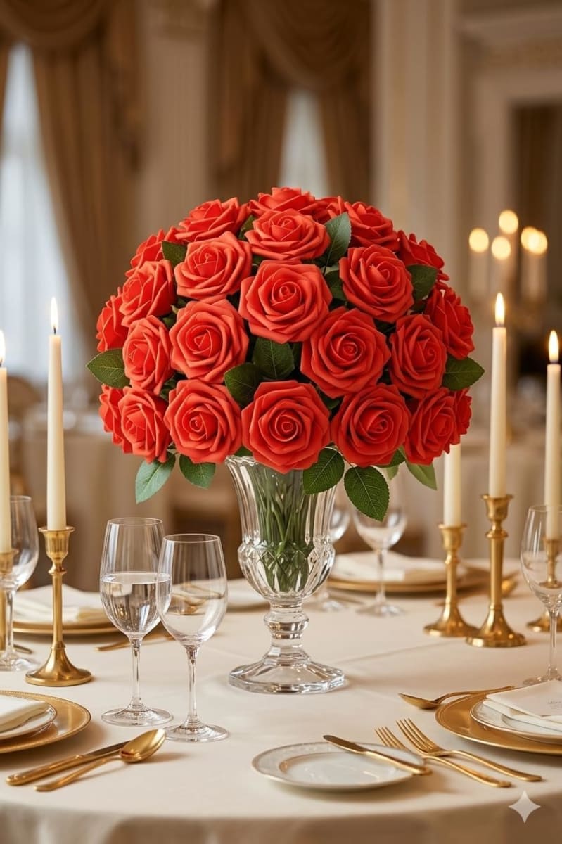 25 Red Artificial Roses with Stems - Real Touch Foam Flowers - Fake Rose Heads for Wedding Bouquet Centerpiece Bridal Shower Home Decor - Luxury Artificial Rose Arrangement