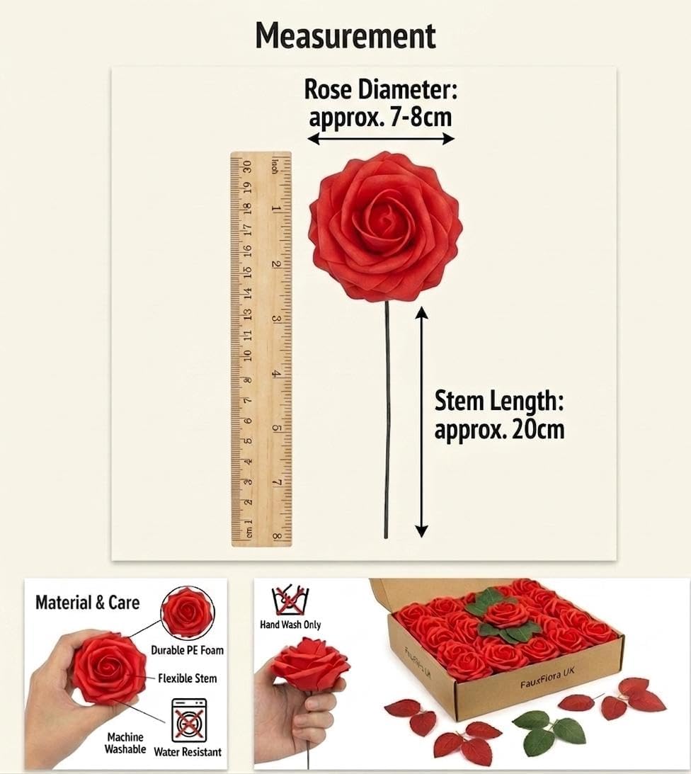 25 Red Artificial Roses with Stems - Real Touch Foam Flowers - Fake Rose Heads for Wedding Bouquet Centerpiece Bridal Shower Home Decor - Luxury Artificial Rose Arrangement (Image 2)
