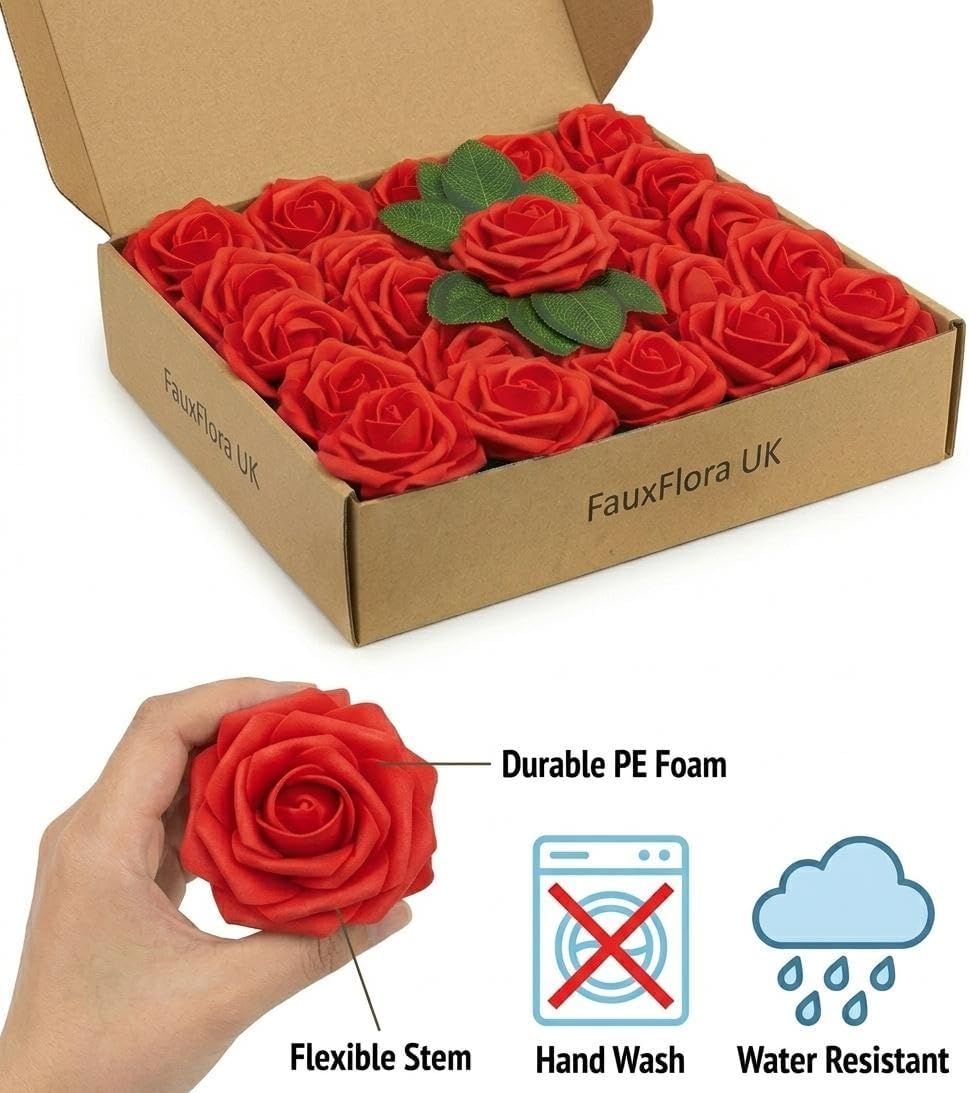 25 Red Artificial Roses with Stems - Real Touch Foam Flowers - Fake Rose Heads for Wedding Bouquet Centerpiece Bridal Shower Home Decor - Luxury Artificial Rose Arrangement (Image 3)