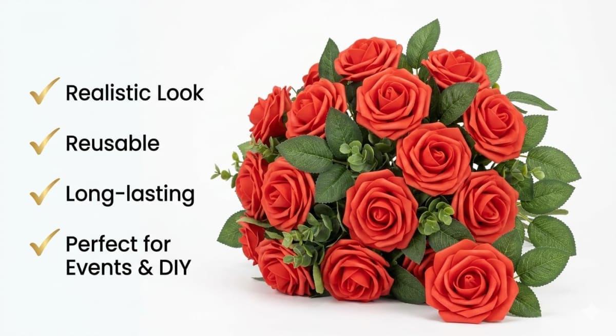 25 Red Artificial Roses with Stems - Real Touch Foam Flowers - Fake Rose Heads for Wedding Bouquet Centerpiece Bridal Shower Home Decor - Luxury Artificial Rose Arrangement (Image 5)