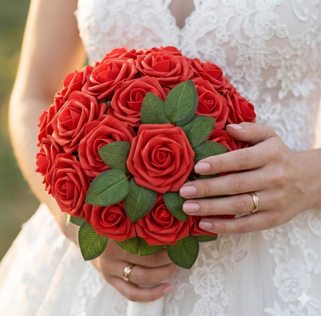 25 Red Artificial Roses with Stems - Real Touch Foam Flowers - Fake Rose Heads for Wedding Bouquet Centerpiece Bridal Shower Home Decor - Luxury Artificial Rose Arrangement (Image 6)