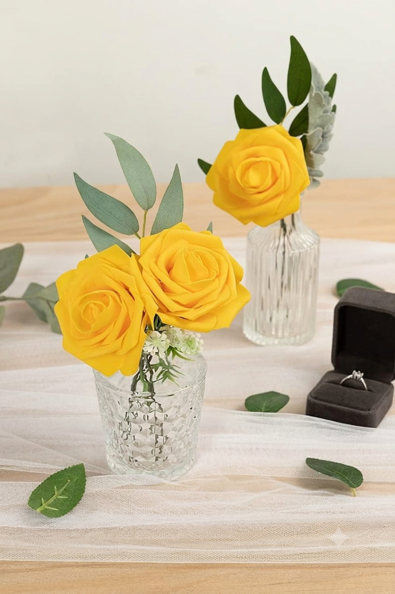 Artificial Flowers Roses, 25pcs Real Touch Fake Foam Rose with Stems for DIY Wedding Bridal Bouquets, Cake Flowers, Flowers Arrangment Home Decor, Lemon Yellow - Luxury Artificial Rose Arrangement