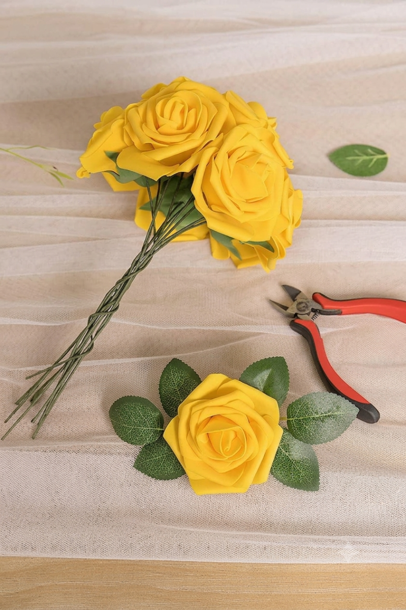 Artificial Flowers Roses, 25pcs Real Touch Fake Foam Rose with Stems for DIY Wedding Bridal Bouquets, Cake Flowers, Flowers Arrangment Home Decor, Lemon Yellow - Luxury Artificial Rose Arrangement (Im