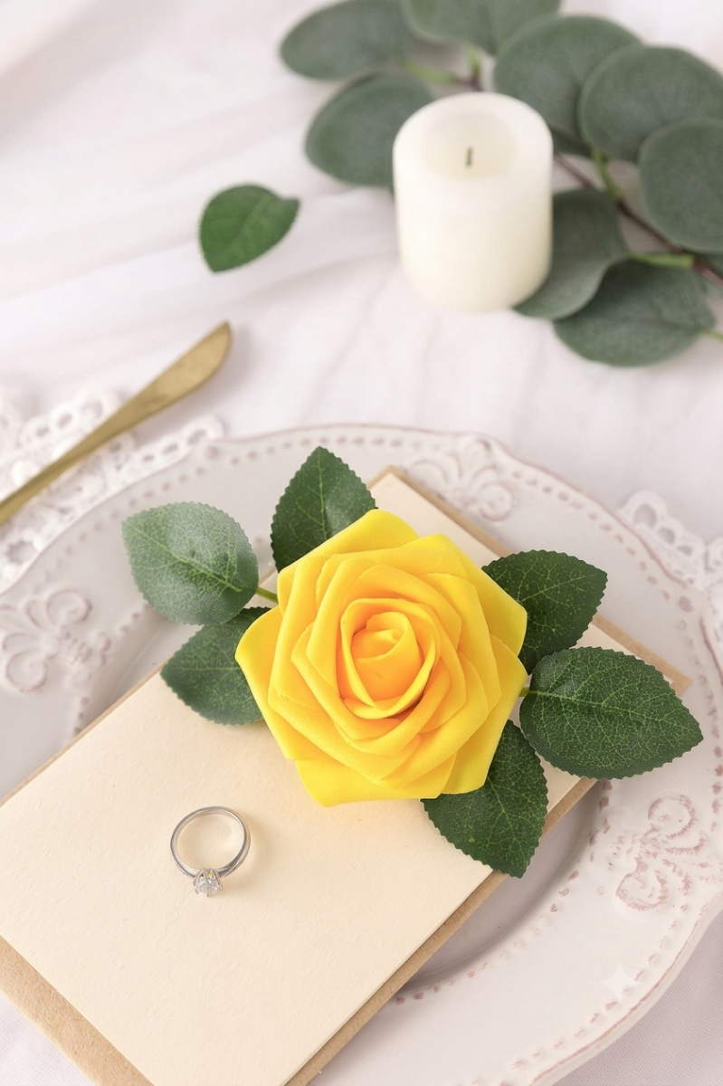 Artificial Flowers Roses, 25pcs Real Touch Fake Foam Rose with Stems for DIY Wedding Bridal Bouquets, Cake Flowers, Flowers Arrangment Home Decor, Lemon Yellow - Luxury Artificial Rose Arrangement (Im