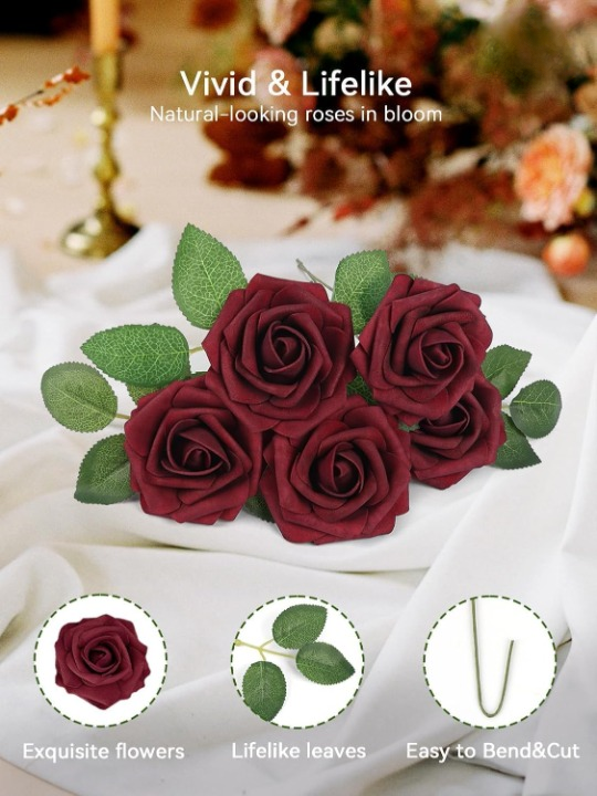 25PCs Real Touch Dark Red Roses - Foam Fake Rose - DIY Flowers for Wedding Bouquets - Artificial Red Roses for Mothers Day, Valentines, Baby Shower and Home Decor - Luxury Artificial Rose Arrangement 