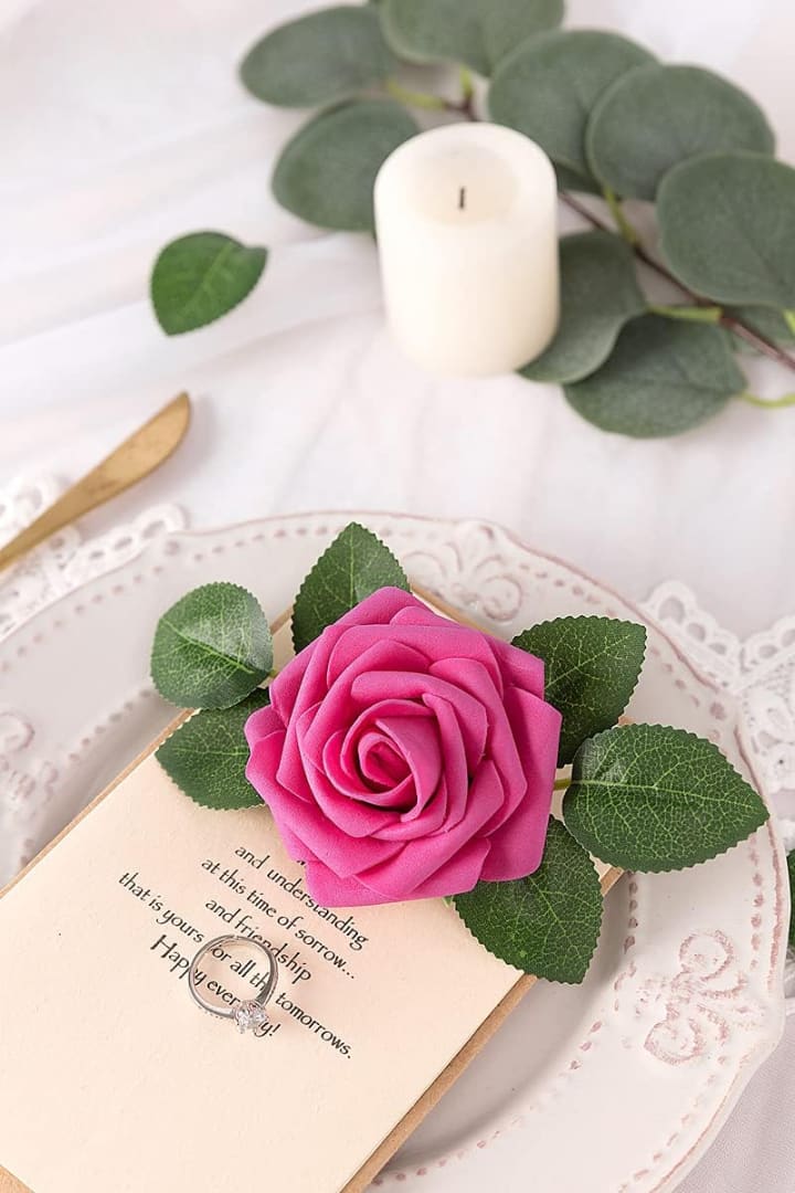 25PCs Hot Pink Roses artificial flowers - Fake flowers with Real Touch - Artificial Roses- Foam Fake Roses DIY Flowers for Wedding Bouquets- Mother's Day Valentine's Baby Shower and Home Decor - Luxur