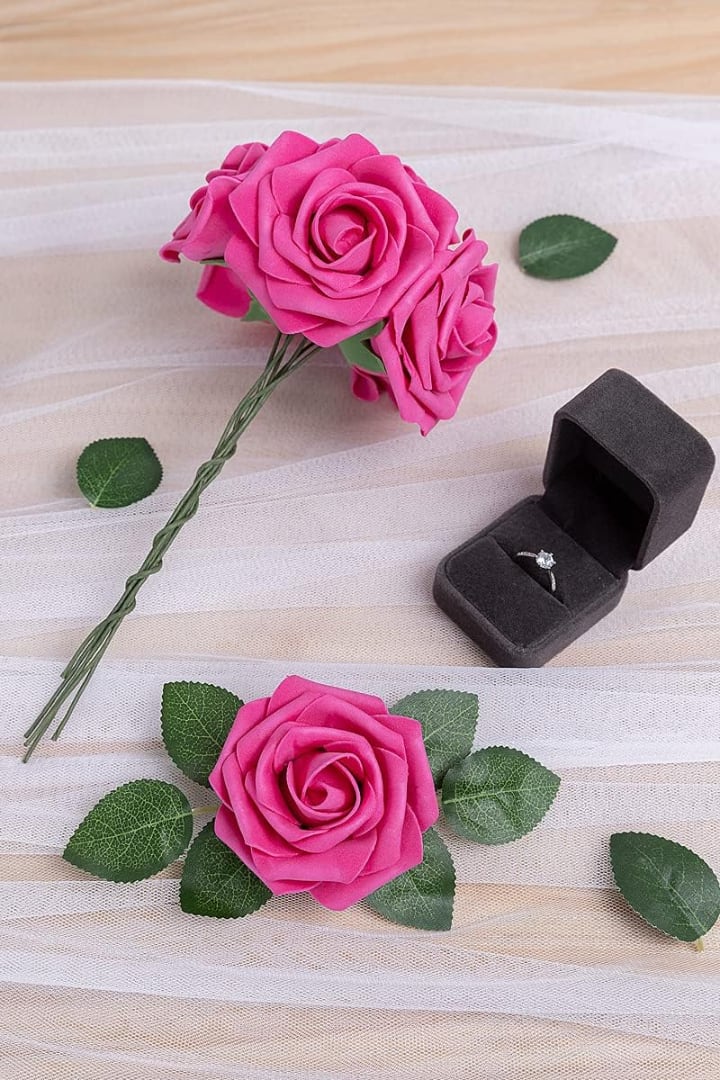 25PCs Hot Pink Roses artificial flowers - Fake flowers with Real Touch - Artificial Roses- Foam Fake Roses DIY Flowers for Wedding Bouquets- Mother's Day Valentine's Baby Shower and Home Decor - Luxur