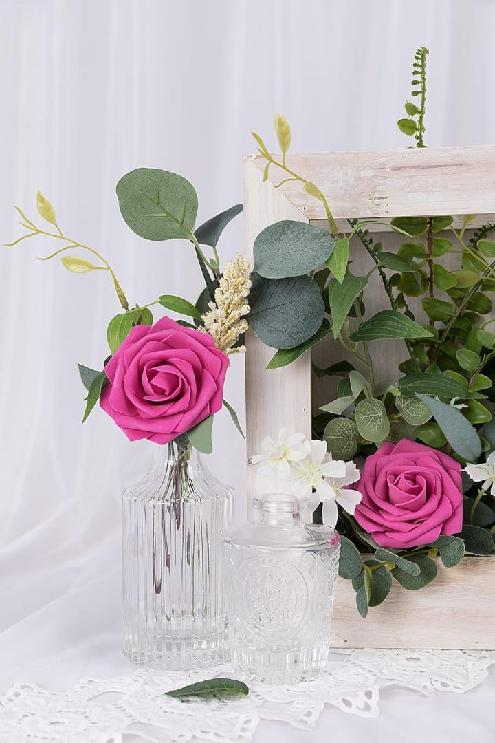 25PCs Hot Pink Roses artificial flowers - Fake flowers with Real Touch - Artificial Roses- Foam Fake Roses DIY Flowers for Wedding Bouquets- Mother's Day Valentine's Baby Shower and Home Decor - Luxur