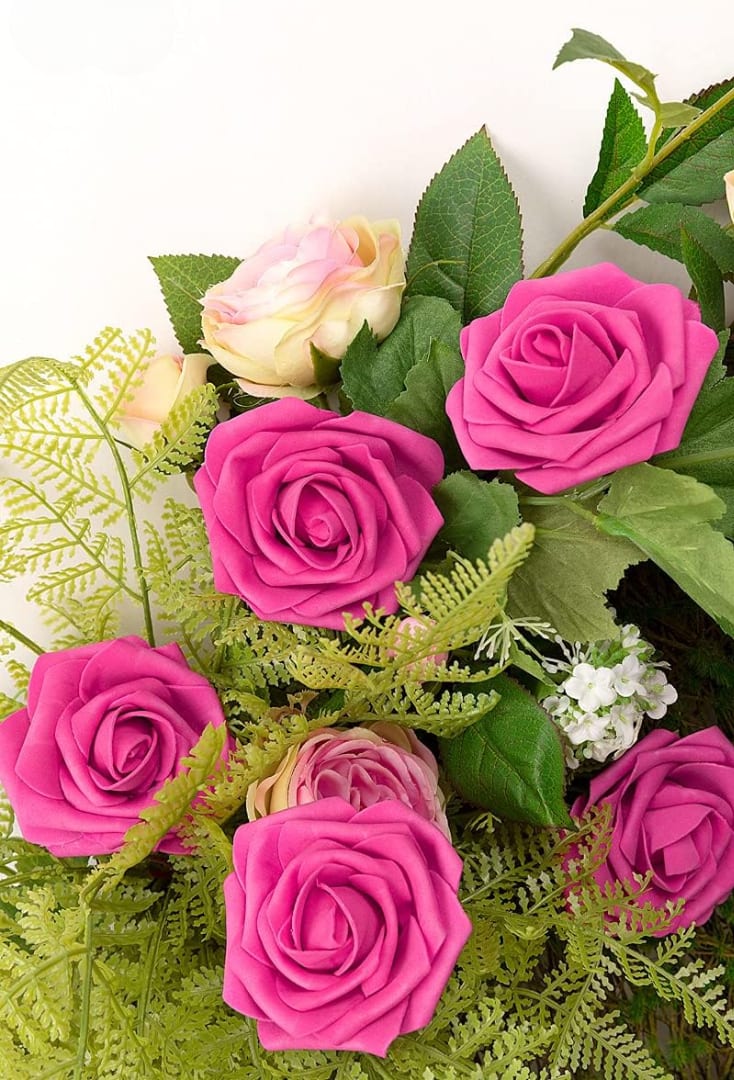 25PCs Hot Pink Roses artificial flowers - Fake flowers with Real Touch - Artificial Roses- Foam Fake Roses DIY Flowers for Wedding Bouquets- Mother's Day Valentine's Baby Shower and Home Decor - Luxur