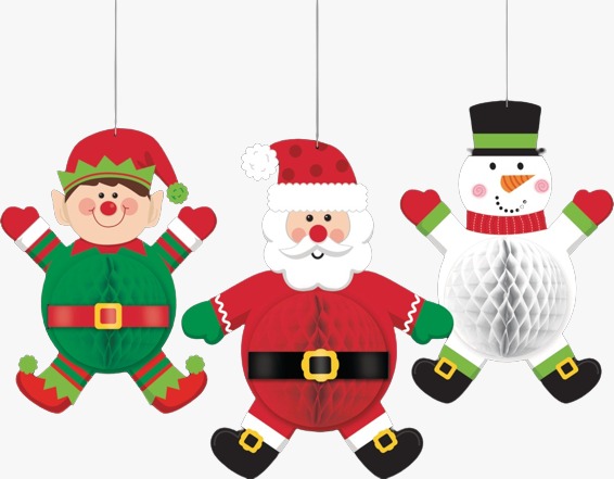 Christmas Hanging Decoration Set of 3 – Santa Claus, Snowman & Elf Paper Honeycomb Ornaments for Xmas Tree, Wall & Party Decor