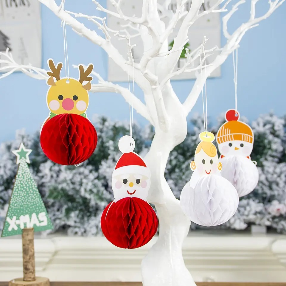 Christmas Hanging Decoration Set of 4 – Santa, Reindeer & Snowman Honeycomb Paper Ornaments for Xmas Tree & Party Decor